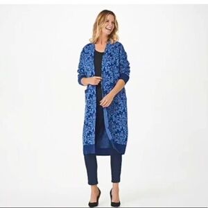 Jacquard Draped Open Front Duster Cardigan Blue Floral Relaxed Fit plus size 2XP